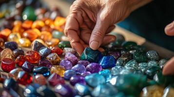 Close-up view of hands selecting colorful gemstones. photo