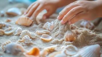 Child's hands playing with seashells and sand. photo