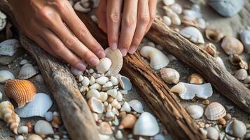 Carefully arranged seashells and driftwood on sand. photo
