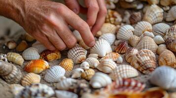 Hands sorting colorful seashells on a sandy surface. photo