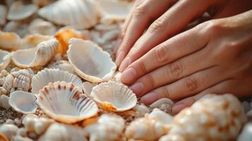 Gentle hands sort seashells on sandy beach. photo