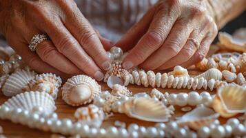 Elderly hands craft a seashell and pearl necklace. photo