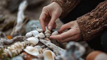 Coastal scene of hands arranging seashells on driftwood. photo