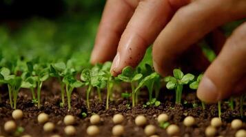 Close-up view of caring hands nurturing young plants. photo