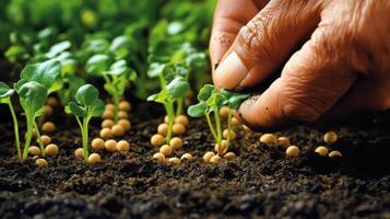 Close-up of hands planting seedlings in fertile soil. photo