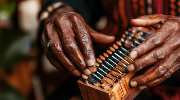 Close-up view of weathered hands playing a traditional instrument. photo