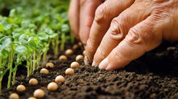 Close-up view of hands planting seeds in soil. photo