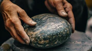 Close-up view of hands shaping a stone. photo