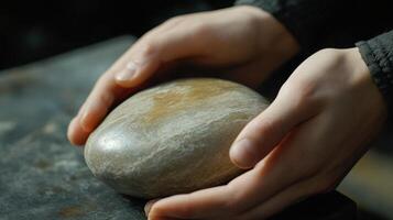 Close-up view of hands gently holding a smooth, natural stone. photo