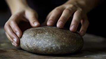 Close-up view of hands shaping a dark stone-like object. photo