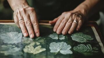 Aged hands examine pressed botanical specimens. photo