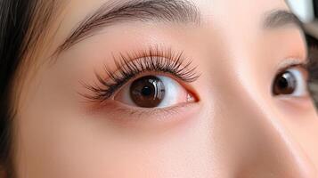 Close-up view of a person's eye with delicate false lashes. photo