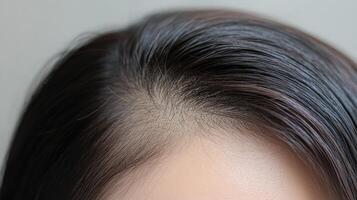 Close-up view of dark hair on a head. photo