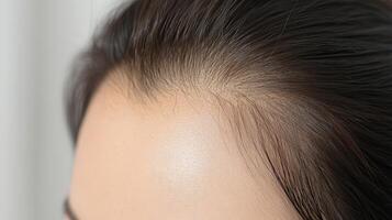 Close-up view of a woman's forehead and hairline. photo