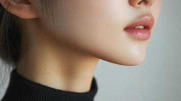 Close-up profile view of a young woman's face and neck. j photo