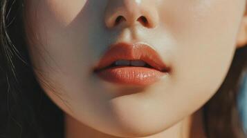 Close-up view of a person's soft, natural-looking lips and face. photo