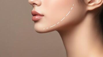 Side view of a woman's face with cosmetic enhancements markings. photo
