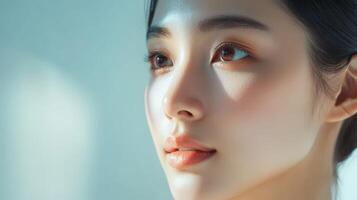 Close-up view of a woman's delicate facial features. s photo