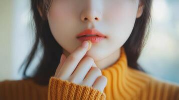 Close-up view of a person's face and hand holding something near the lips. photo