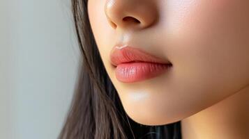 Close-up view of a woman's face and soft, natural makeup. photo