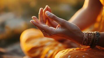 Close-up view of peaceful hands in meditation pose. photo