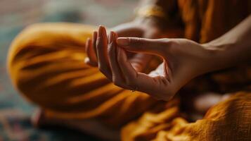 Close-up of hands in meditation posture, focused on mindful moment. photo