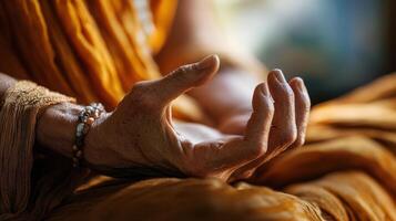 Close-up view of clasped hands in meditation posture. photo