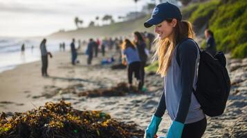 A young woman participates in a coastal cleanup effort. photo
