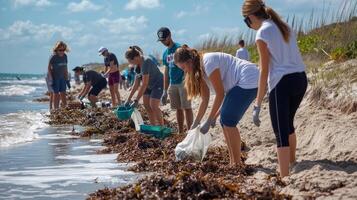 Coastal cleanup effort along a sandy beach. photo