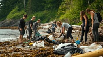 Coastal cleanup efforts by a group of volunteers. photo