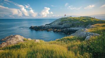 Coastal landscape with a lighthouse on a grassy hilltop. photo