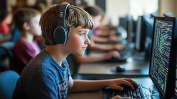 Focused child working on a computer in a classroom setting. photo