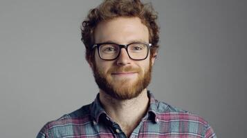 Close-up portrait of a friendly man with a beard and glasses. photo