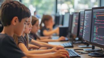 Focused children learning computer programming. photo