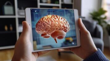 Digital human brain displayed on a tablet. photo