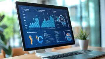Modern computer screen displaying multiple data visualizations. photo