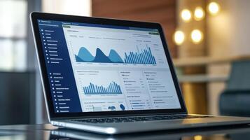 Modern laptop displaying business data graphs. photo