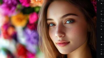 Close-up portrait of a young woman with vibrant flowers in the background. photo
