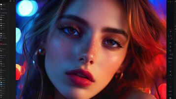 Close-up portrait of a young woman under vibrant lighting. photo