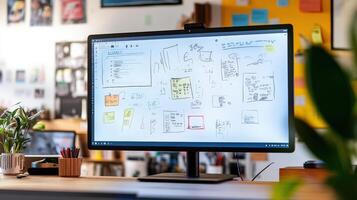 Modern computer monitor displaying creative sketches and notes. photo