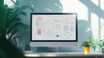 Home office workspace with computer screen displaying colorful notes and diagrams. photo