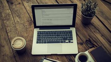 Modern laptop computer on a rustic wooden surface. photo
