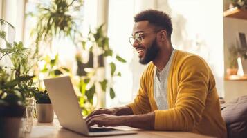 Content creator working on a laptop in a home office. photo