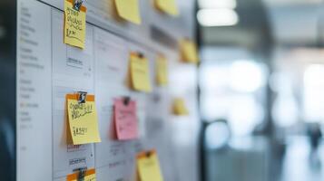 Close-up view of a whiteboard covered in sticky notes. photo