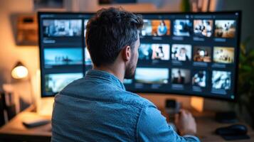 Focused individual reviewing digital photos on multiple monitors.