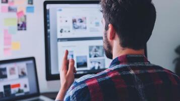 Focused individual reviewing digital images on multiple screens. photo