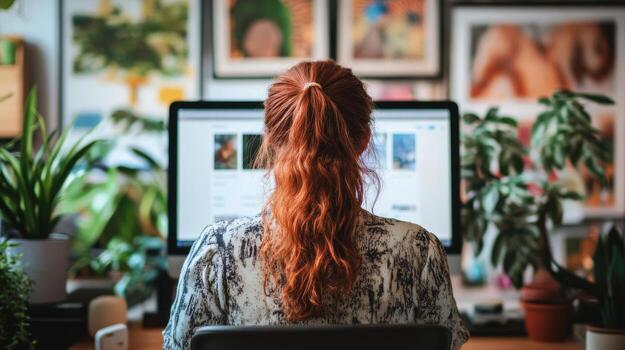 Person working at a computer in a plant-filled home office. photo