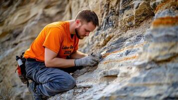 Paleontological field research, examining rock strata. photo