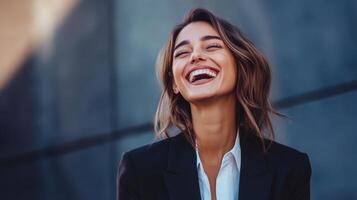 A Beautiful Woman Laughing Showing Happiness Outside At Daytime photo