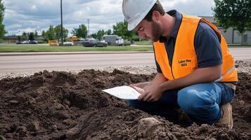 Construction worker examines soil sample on site. photo